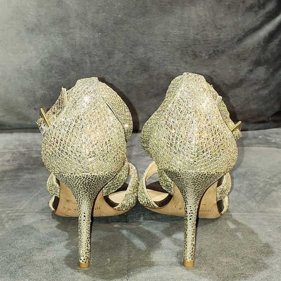 EUC JIMMY CHOO GOLD GLITTER "LOUISE"  STRAPPY HEEDLED SANDALS SIZE 7½ / 38½ - Picture 2 of 8